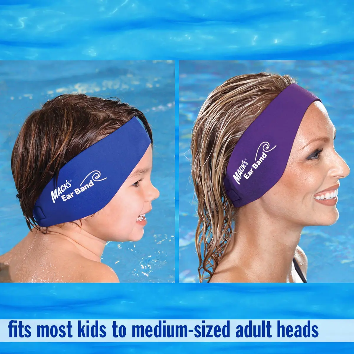 Mack's Swimming Headband – Doctor Recommended Neoprene Ear Band for Water Sports – Adjustable Fit for Kids to Adults – Blue/Purple - view 4