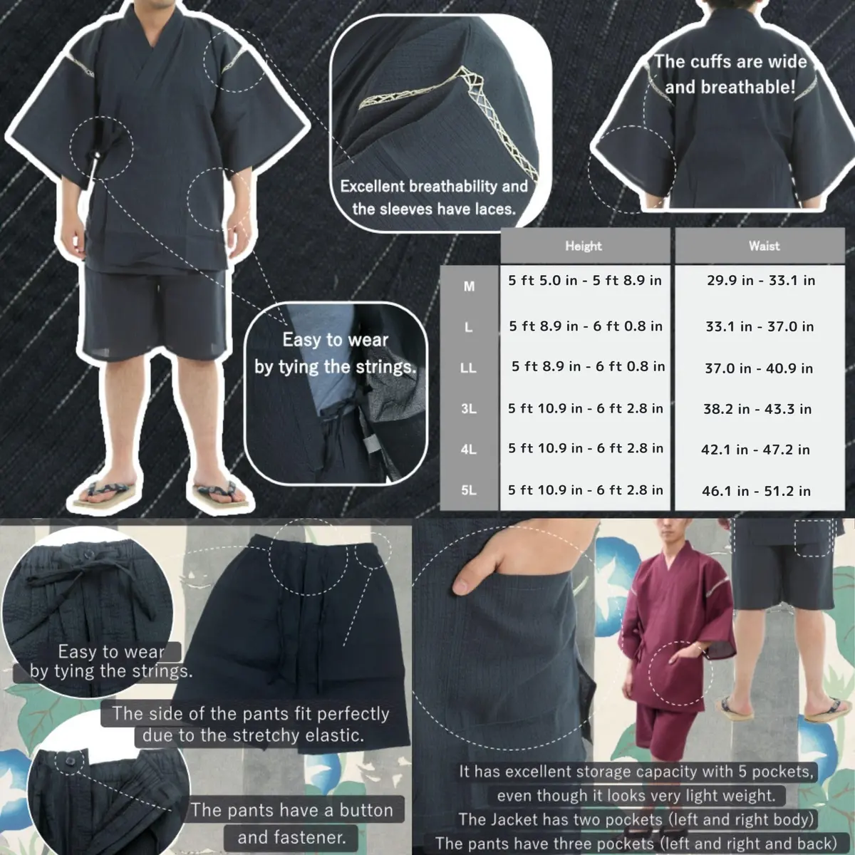 Edoten Men's Japan Kimono Jimbei 100% Cotton | Summer Kimono Style Lounge Wear - view 4