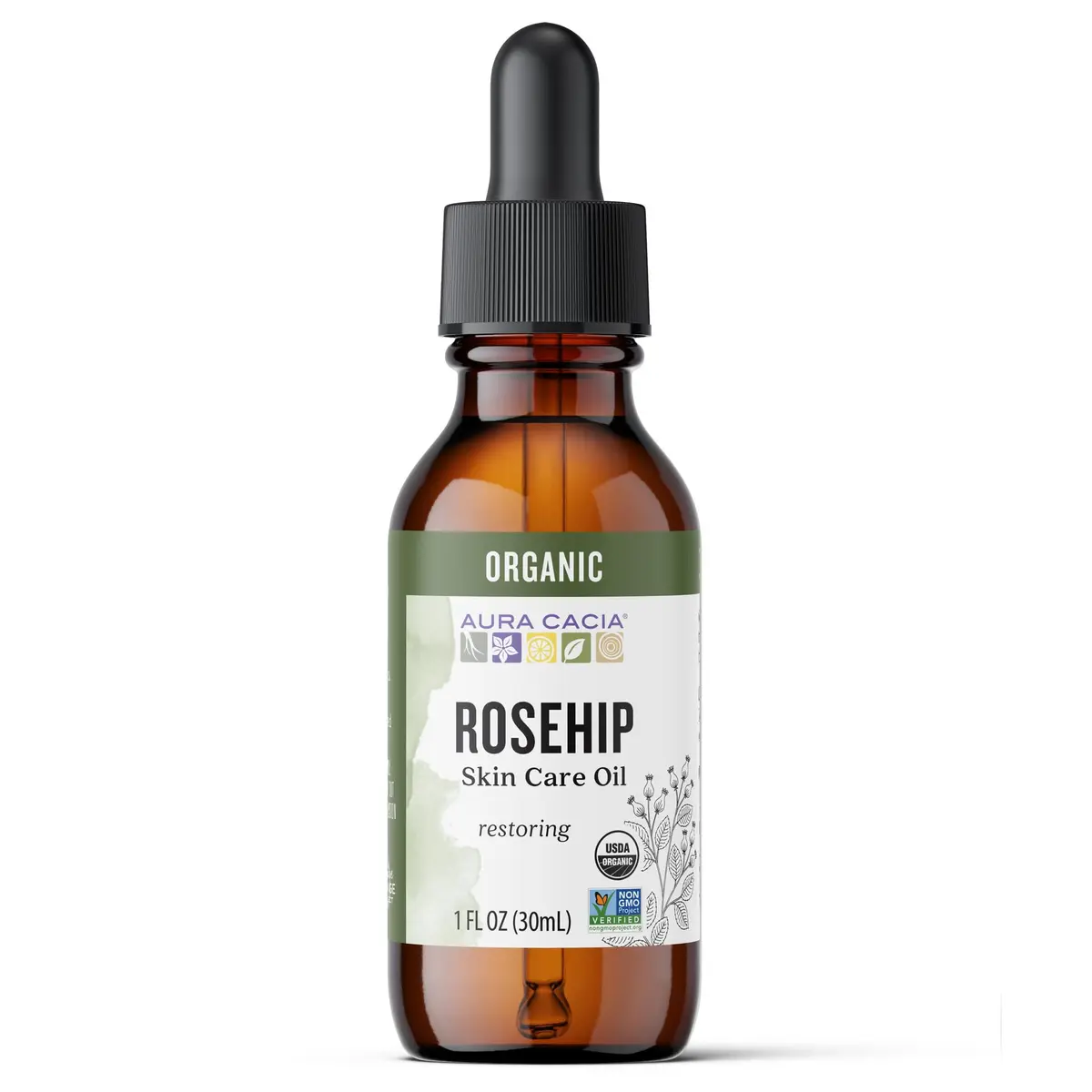 Aura Cacia Organic Rosehip Skin Care Oil 30ml (1 fl. oz.) | Restores Mature & Sun-Damaged Skin - main product image