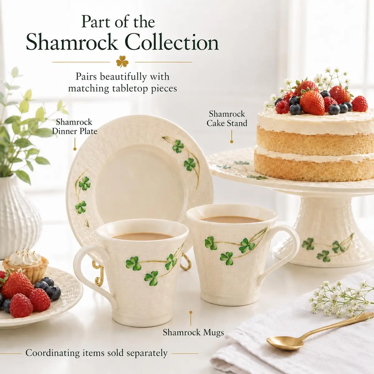 Belleek Classic Shamrock Mug Set, 8 oz Ceramic Coffee Cups | Handcrafted Parian China Drinkware - view 9