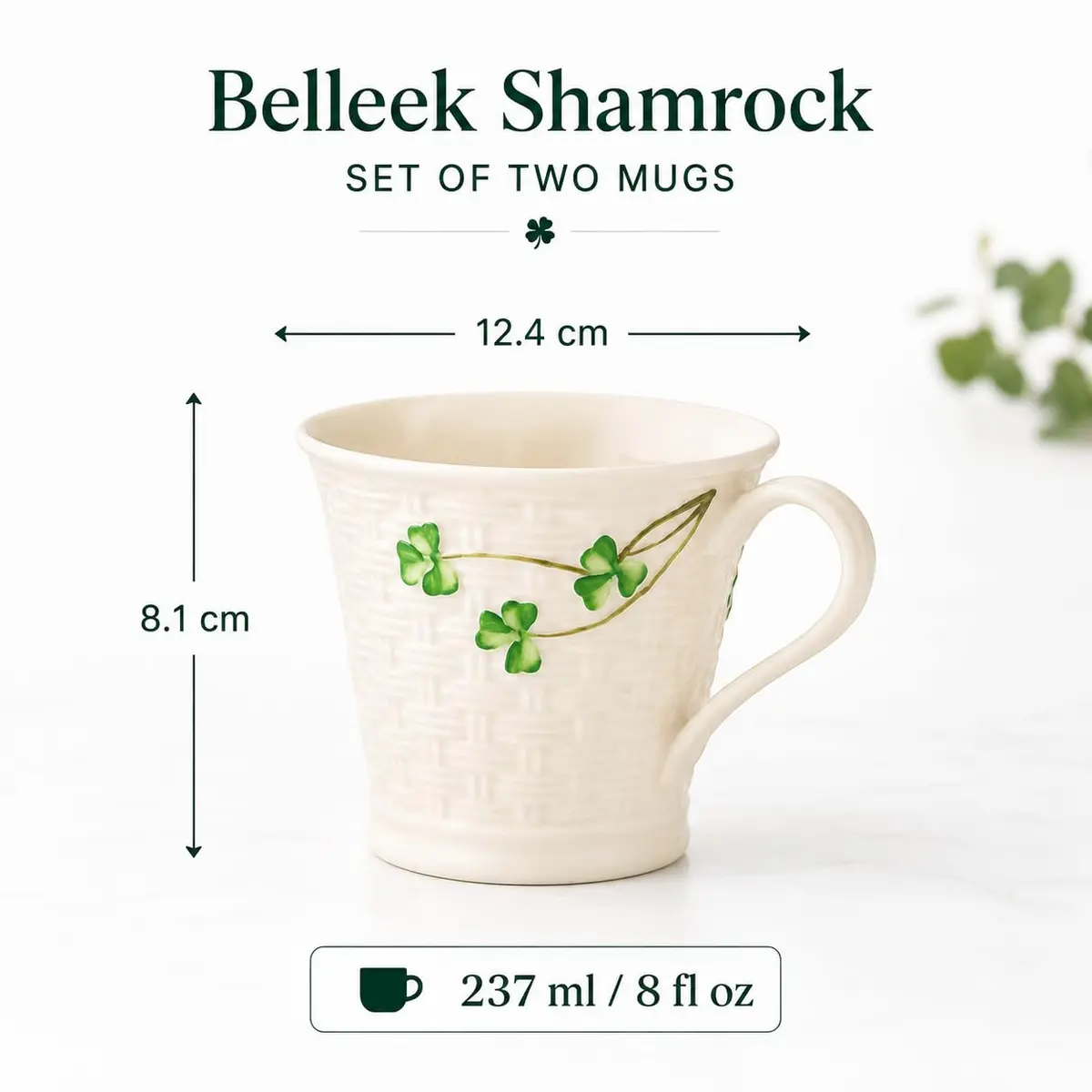 Belleek Classic Shamrock Mug Set, 8 oz Ceramic Coffee Cups | Handcrafted Parian China Drinkware - view 2