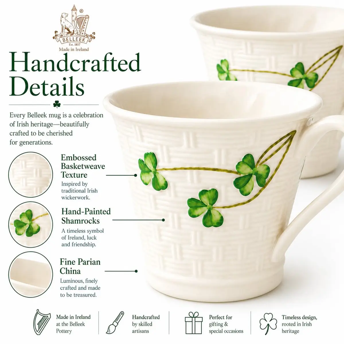 Belleek Classic Shamrock Mug Set, 8 oz Ceramic Coffee Cups | Handcrafted Parian China Drinkware - view 3