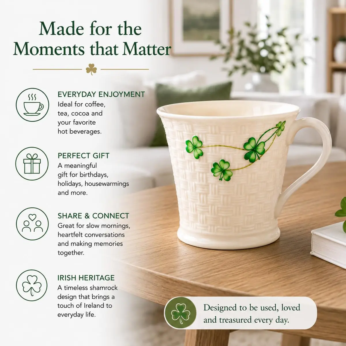 Belleek Classic Shamrock Mug Set, 8 oz Ceramic Coffee Cups | Handcrafted Parian China Drinkware - view 4