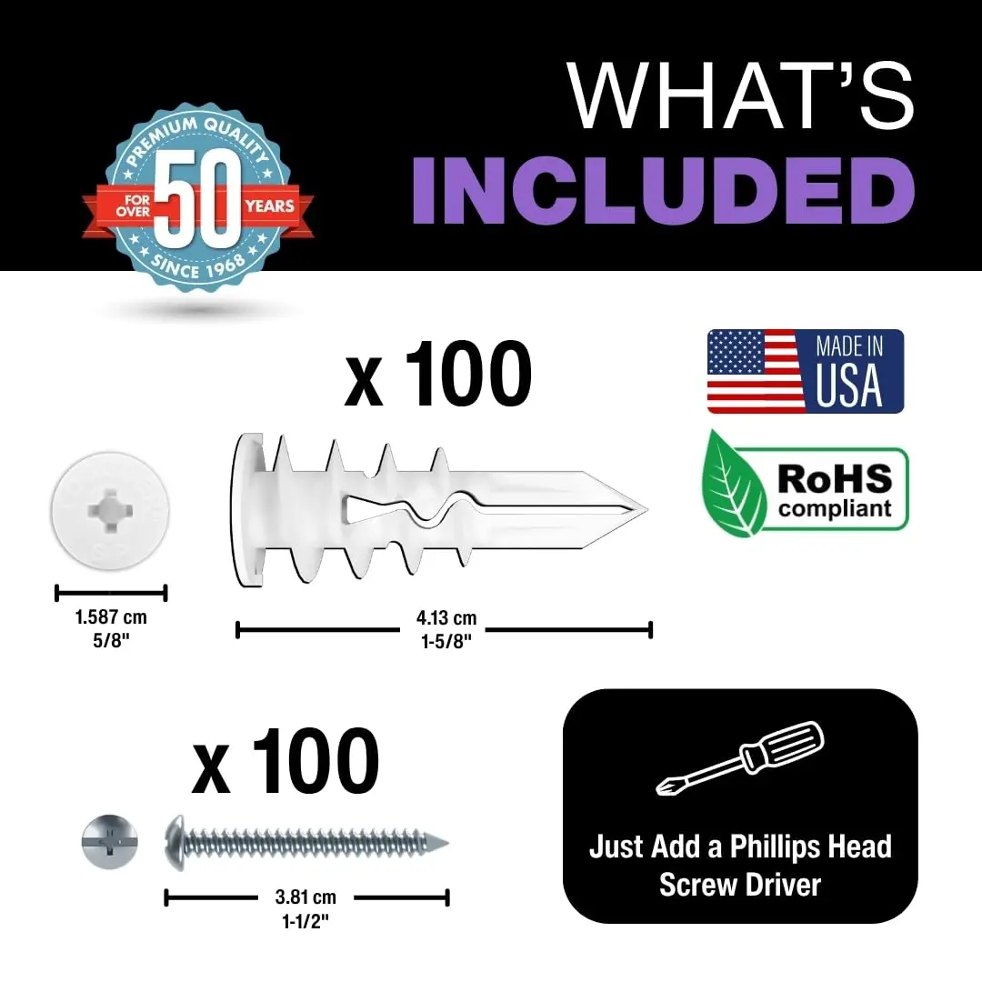 TOGGLER SnapSkru SP Drywall Anchors with Screws, 100 Pack | Self-Drilling, Heavy Duty, USA Made - view 2