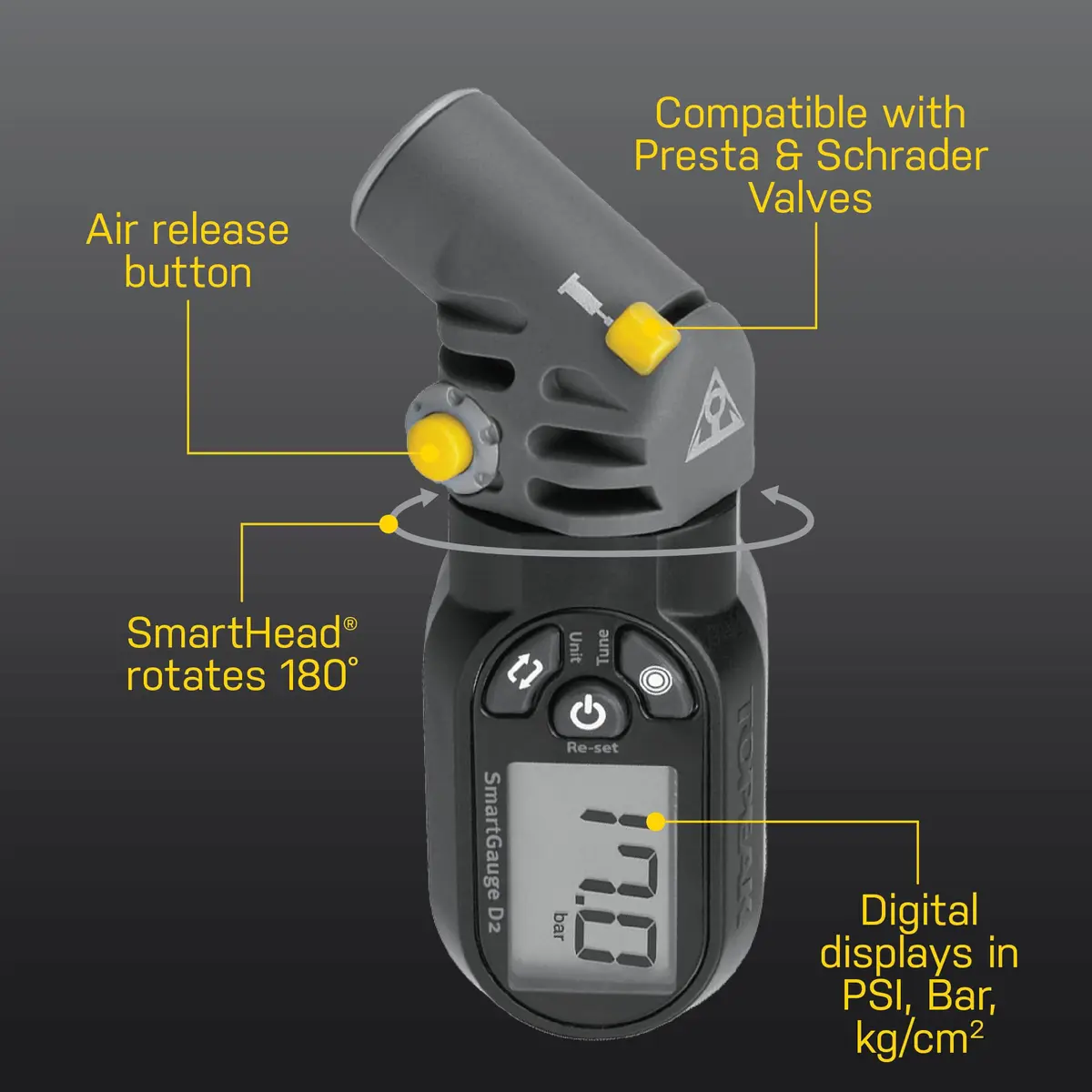 Topeak SmartGauge D2 Digital Bike Tire Pressure Gauge | Precise, Dual-Valve Compatibility, 250 psi - view 4