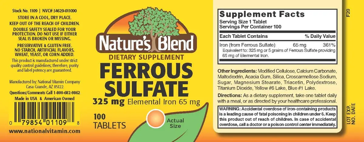 Nature's Blend Iron Ferrous Sulfate 325mg | 100 Tablets, Unflavored, Gluten-Free, Assorted - view 2