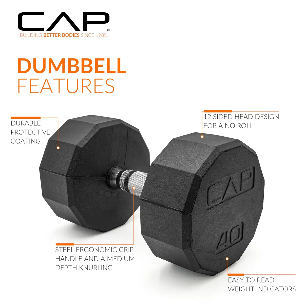 CAP 40lb Rubber Coated 12-Sided Dumbbell | Anti-Roll, Chrome Handle, Durable - view 3