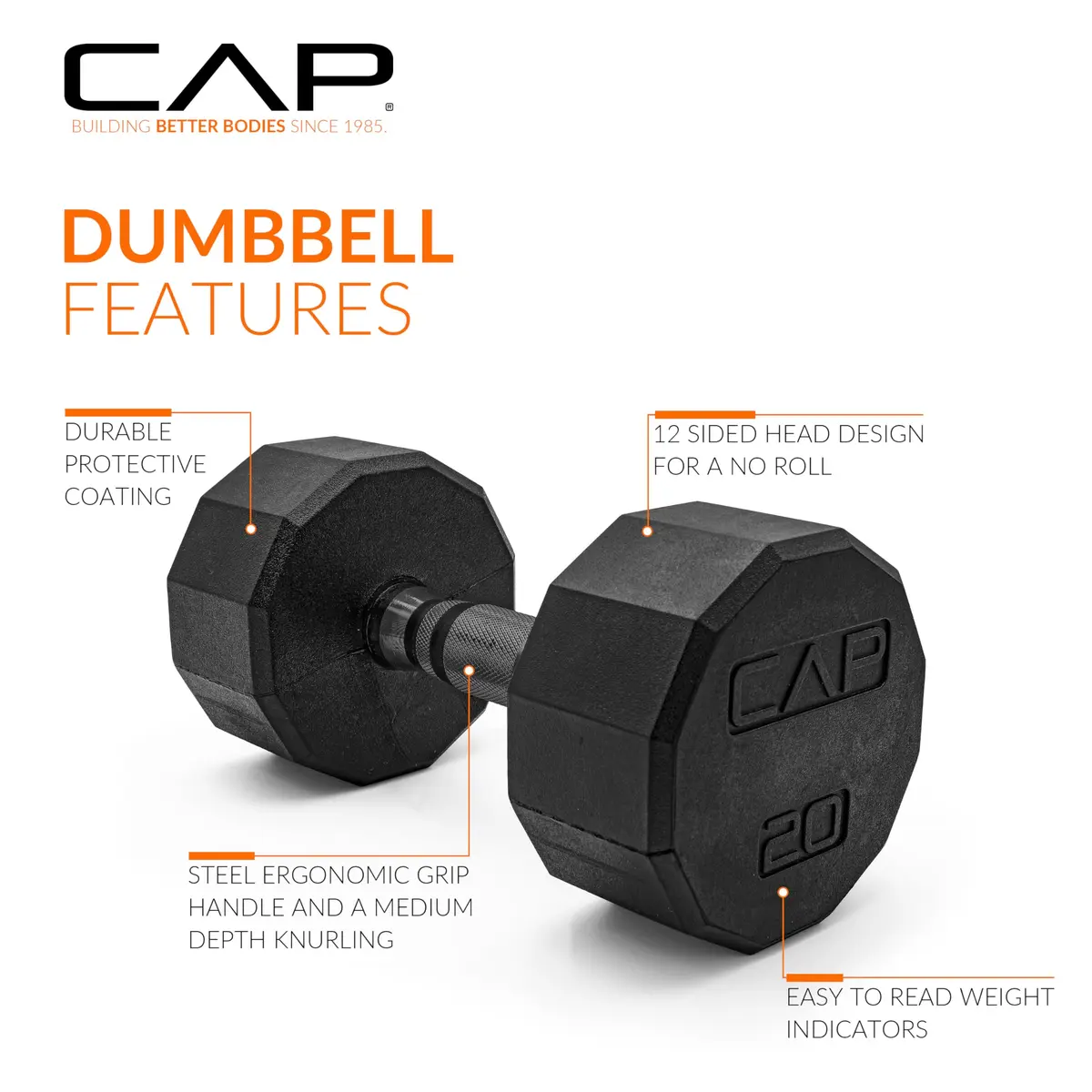 CAP 20 lb Rubber Coated Dumbbell Pair | Anti-Roll 12-Sided Design for Home & Gym - view 4