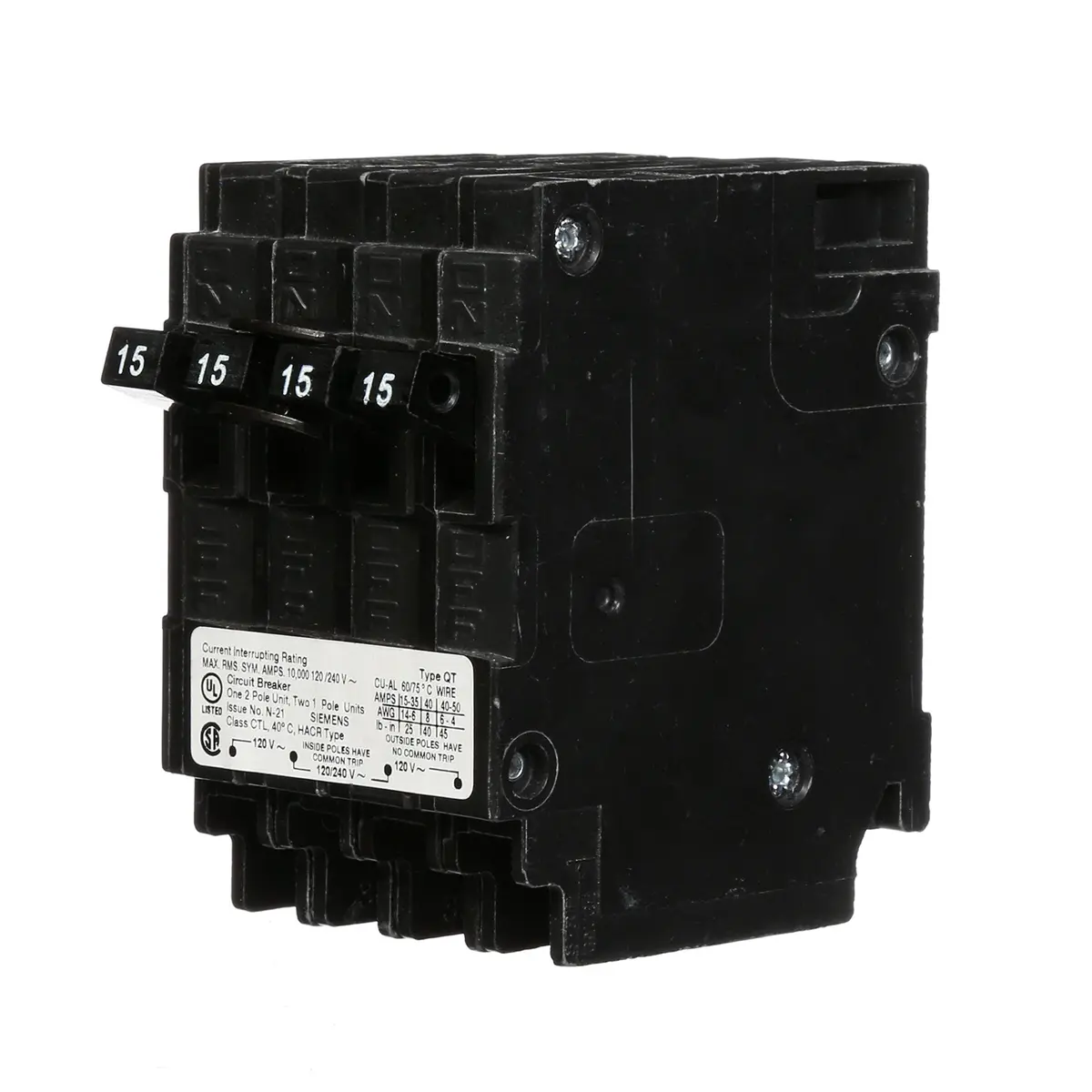 SIEMENS Q21515CT Double Two 15-Amp Single Pole Circuit Breaker | Space Saving 15A Triplex - main product image