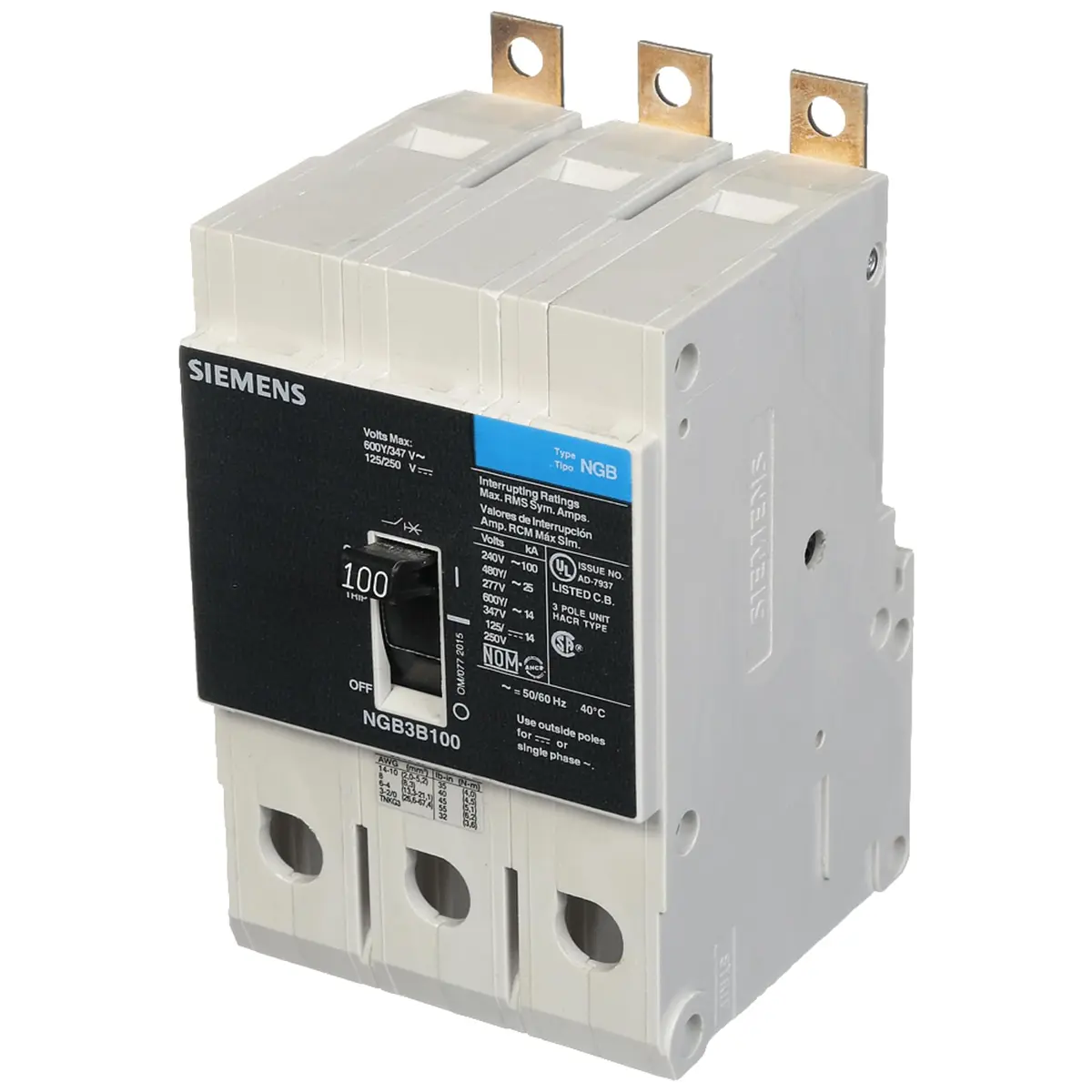 SIEMENS 3P 100A 600V Circuit Breaker | Black Load Center Safety Device - main product image