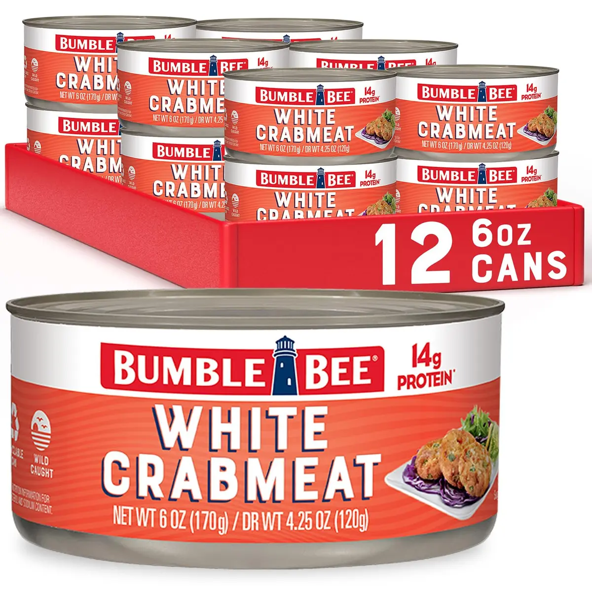 Bumble Bee White Flake Crab Meat in Water, 6 oz (Pack of 12) | 14g Protein Per Serving - main product image