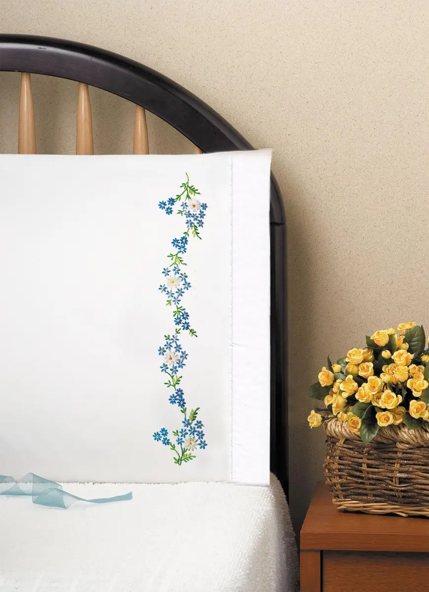 Design Works Crafts 20" x 30" Stamped Pillowcases for Embroidery, Daisies, White Blue | Washable Blue Ink - main product image