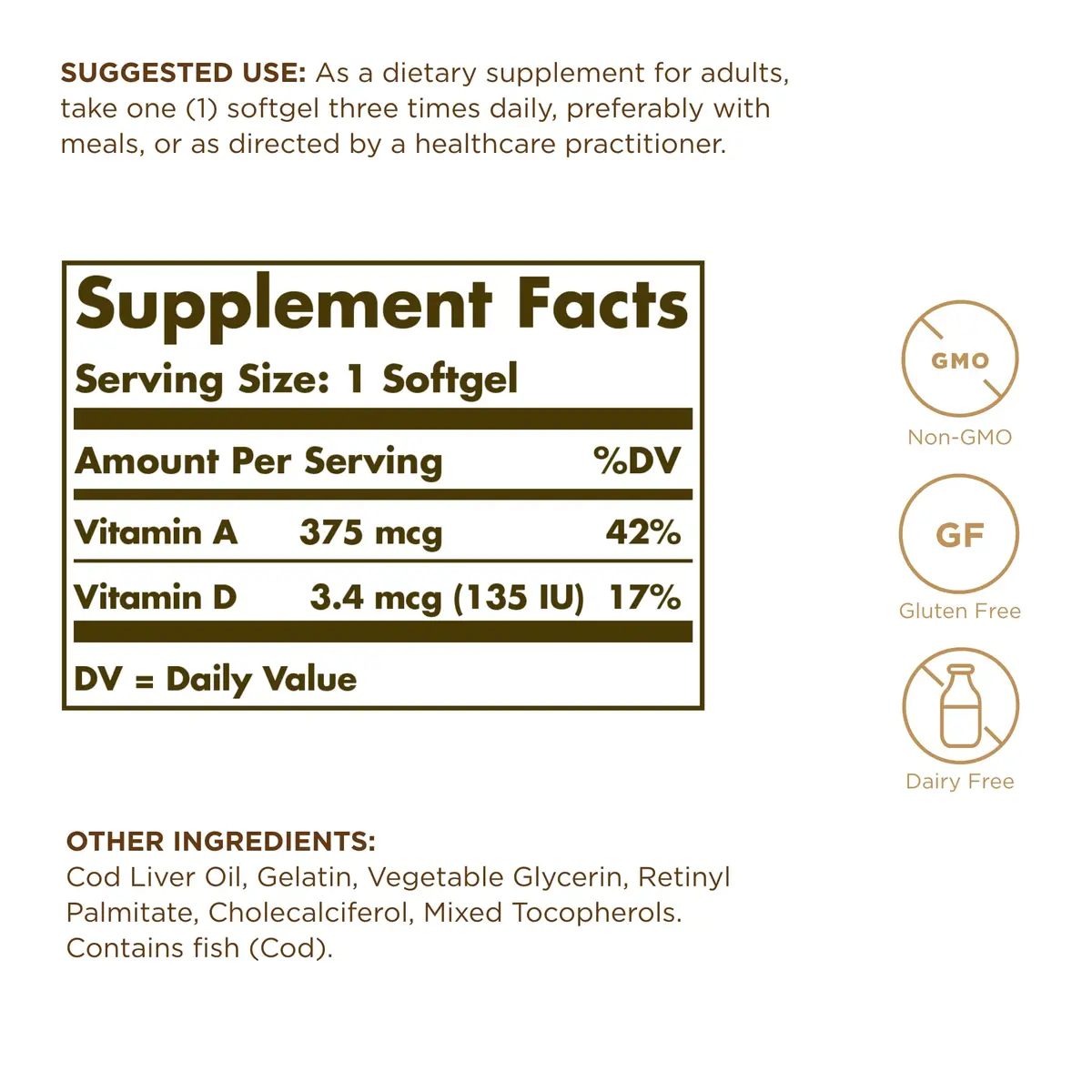 Solgar Cod Liver Oil - 100 Softgels Pack of 2 | Vitamins A & D Support, Non-GMO, Gluten Free - view 2