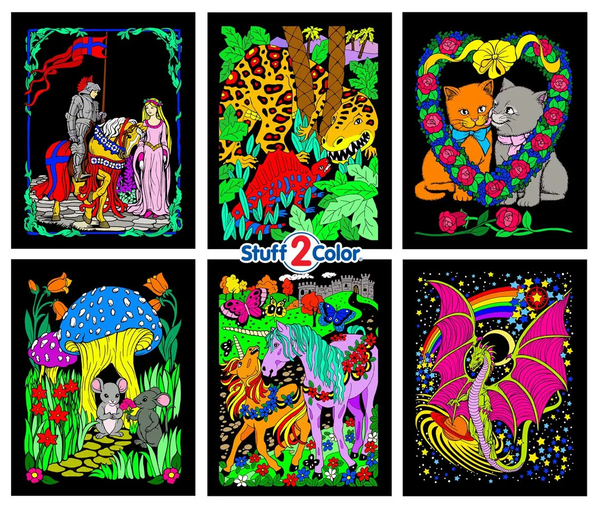 Stuff2Color Unicorns, Mice, Dinosaur, Dragons, Kittens, Knight - 6 Pack of Fuzzy Velvet Coloring Posters (Arts and Crafts Fun for All Ages) - main product image