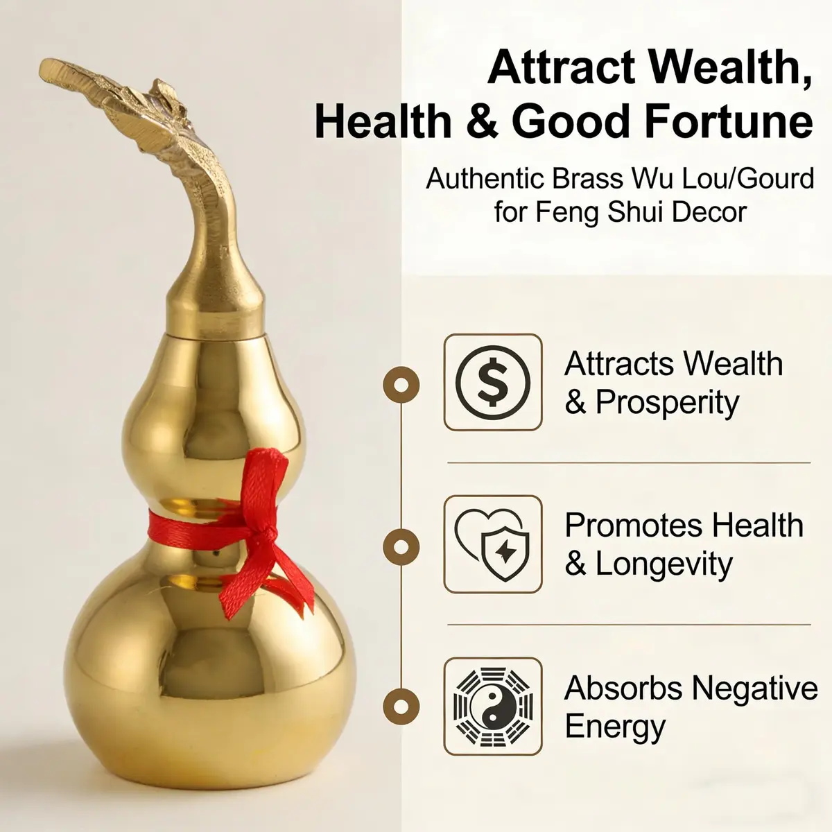 EDOBLUE Feng Shui Brass Wu Lou Gourd 4" | Good luck & longevity talisman for home & office - view 2
