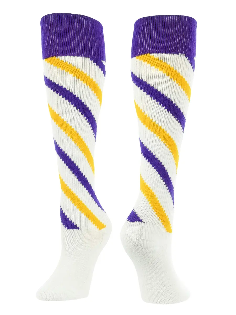 TCK Candy Stripes Knee High Socks (White/Purple/Gold, Medium) | Classic Athletic Socks for Boys & Girls - main product image