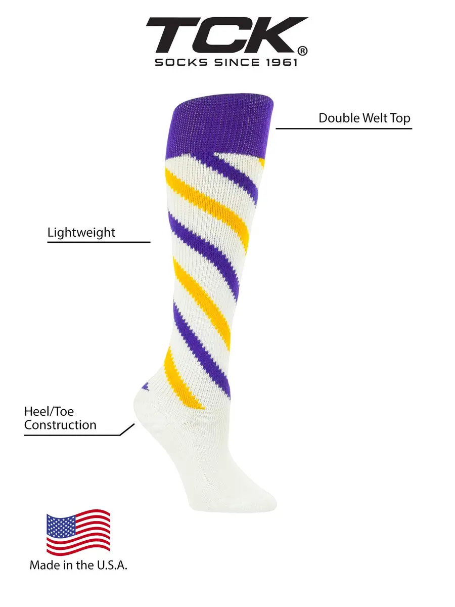 TCK Candy Stripes Knee High Socks (White/Purple/Gold, Medium) | Classic Athletic Socks for Boys & Girls - view 2