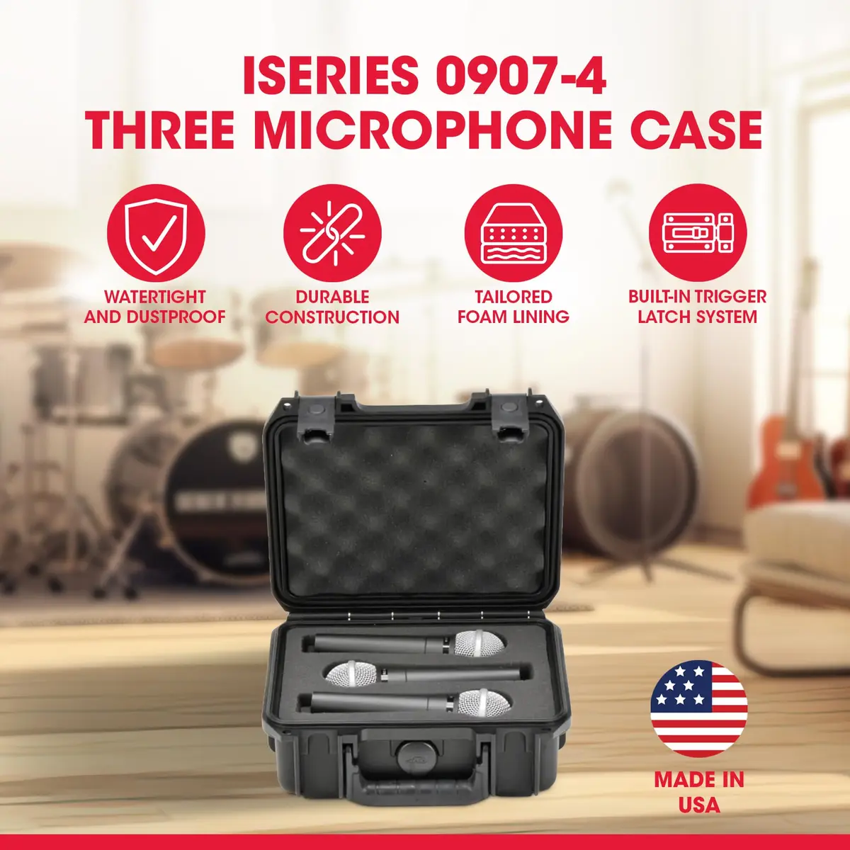 SKB iSeries Waterproof Microphone Hard Case with 3-Slot Foam Interior | Protects Mics Up to 8.5-inch Long - view 2