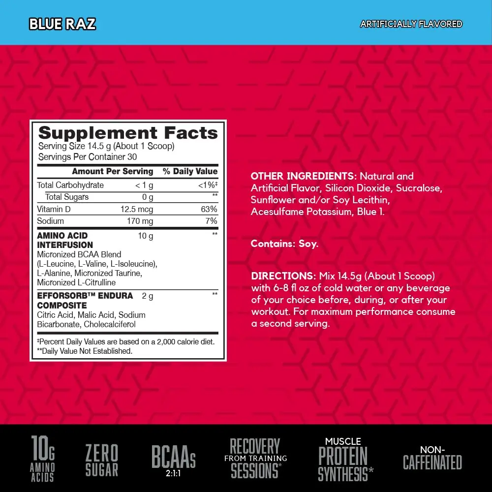 BSN Amino X Recovery Powder with BCAAs, Zero Sugar, Blue Raz, 30 Servings | Supports Muscle Recovery & Endurance - view 2