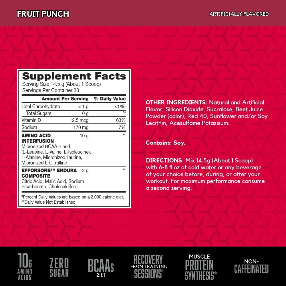 BSN Amino X BCAAs Recovery Powder Fruit Punch 435 g (15.3 oz) | Supports Muscle Recovery & Endurance - view 2