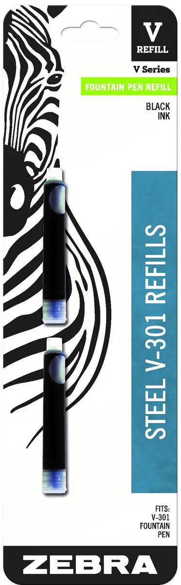 Zebra Pen Steel Fountain Pen Refill 0.7mm | Fits V-301, Black Ink, 2-Pack - main product image