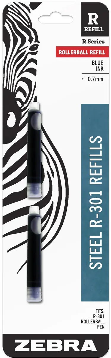 Zebra R-301 Stainless Steel Rollerball Pen Refill, Blue Ink, 2-Count | Ultra-smooth, durable refill for Zebra pens - main product image