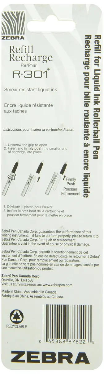 Zebra R-301 Stainless Steel Rollerball Pen Refill, Blue Ink, 2-Count | Ultra-smooth, durable refill for Zebra pens - view 2