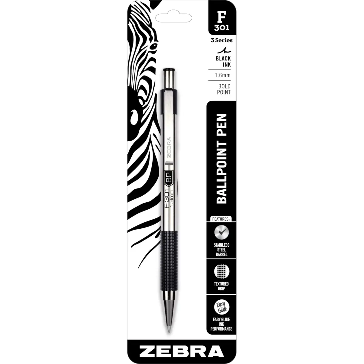Zebra Pen STEEL F-301 Retractable Ballpoint Pen, Black Ink, 1.6mm (Bold Point), 1-Pack | Smooth Ink Flow for Office & School - main product image