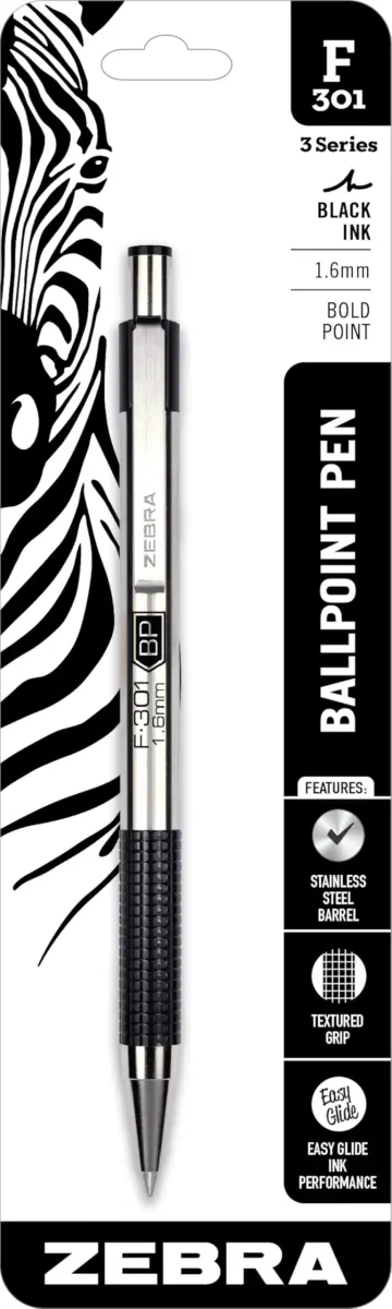 Zebra Pen STEEL F-301 Retractable Ballpoint Pen, Black Ink, 1.6mm (Bold Point), 1-Pack | Smooth Ink Flow for Office & School - main product image