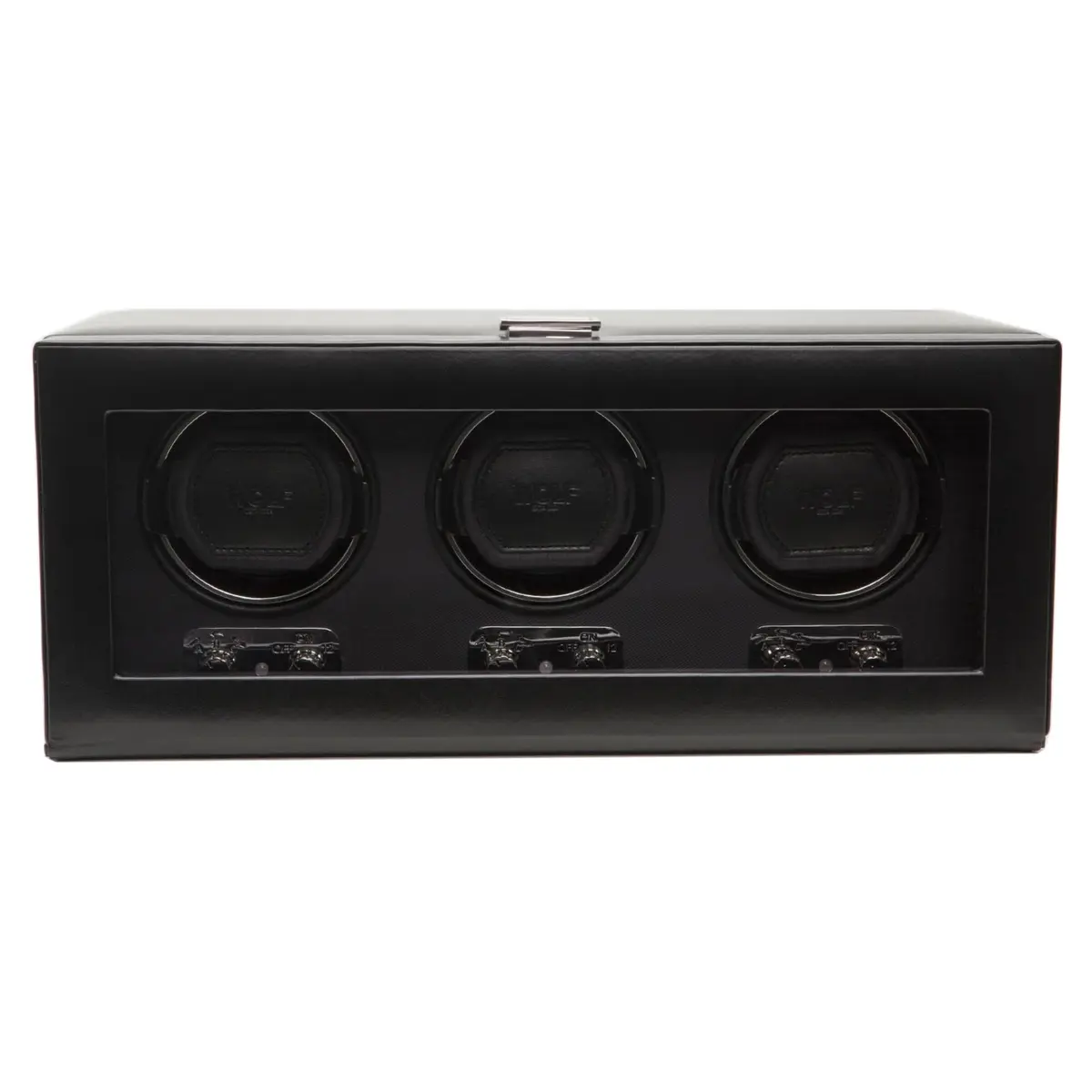 Wolf Designs Triple Watch Winder with Glass Cover | Secure Fit for Heavy Watches, Vegan Leather, Includes Universal Adapter - main product image