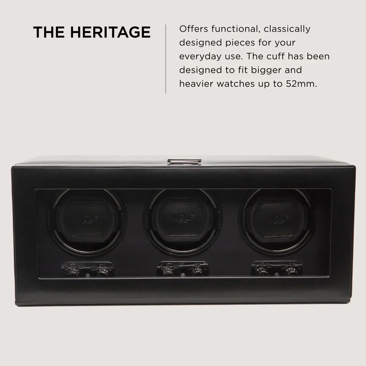 Wolf Designs Triple Watch Winder with Glass Cover | Secure Fit for Heavy Watches, Vegan Leather, Includes Universal Adapter - view 2
