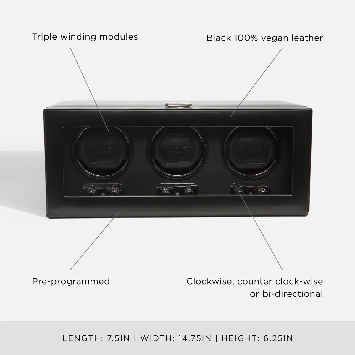 Wolf Designs Triple Watch Winder with Glass Cover | Secure Fit for Heavy Watches, Vegan Leather, Includes Universal Adapter - view 4