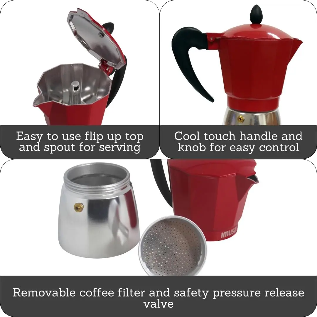 Imusa Red Coffee Maker 3-Cup | Aluminum Stovetop Espresso Machine with Cool Touch Handle - view 2