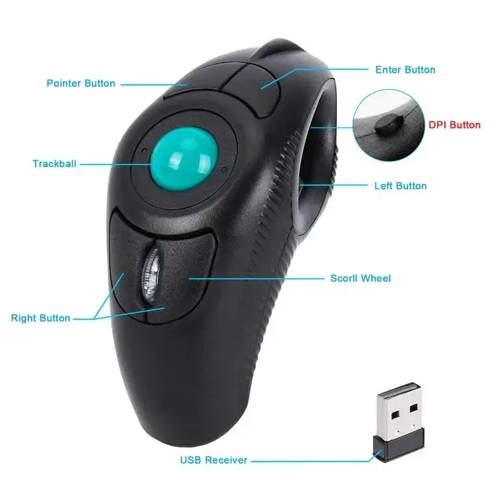 welspo Wireless USB Finger Trackball Mouse with Green Ball | Ambidextrous Laser Sensor - view 2