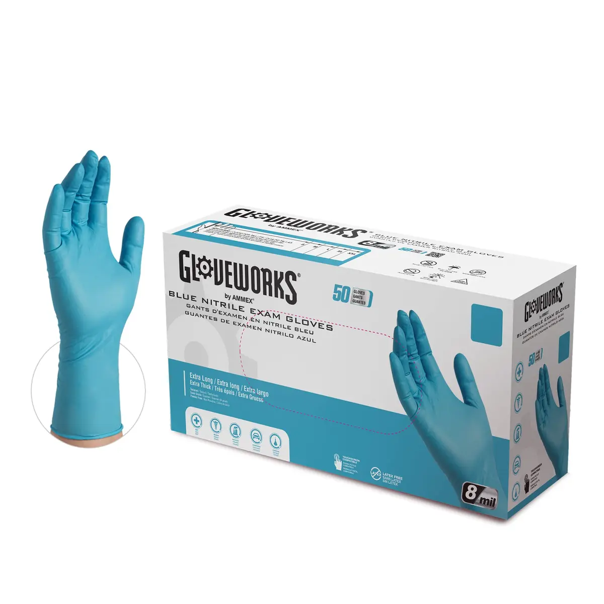 GLOVEPLUS HD Medical Blue Nitrile Gloves 8 mil, 12" Long | Powder-Free, Textured, Latex-Free, Extra Large - main product image