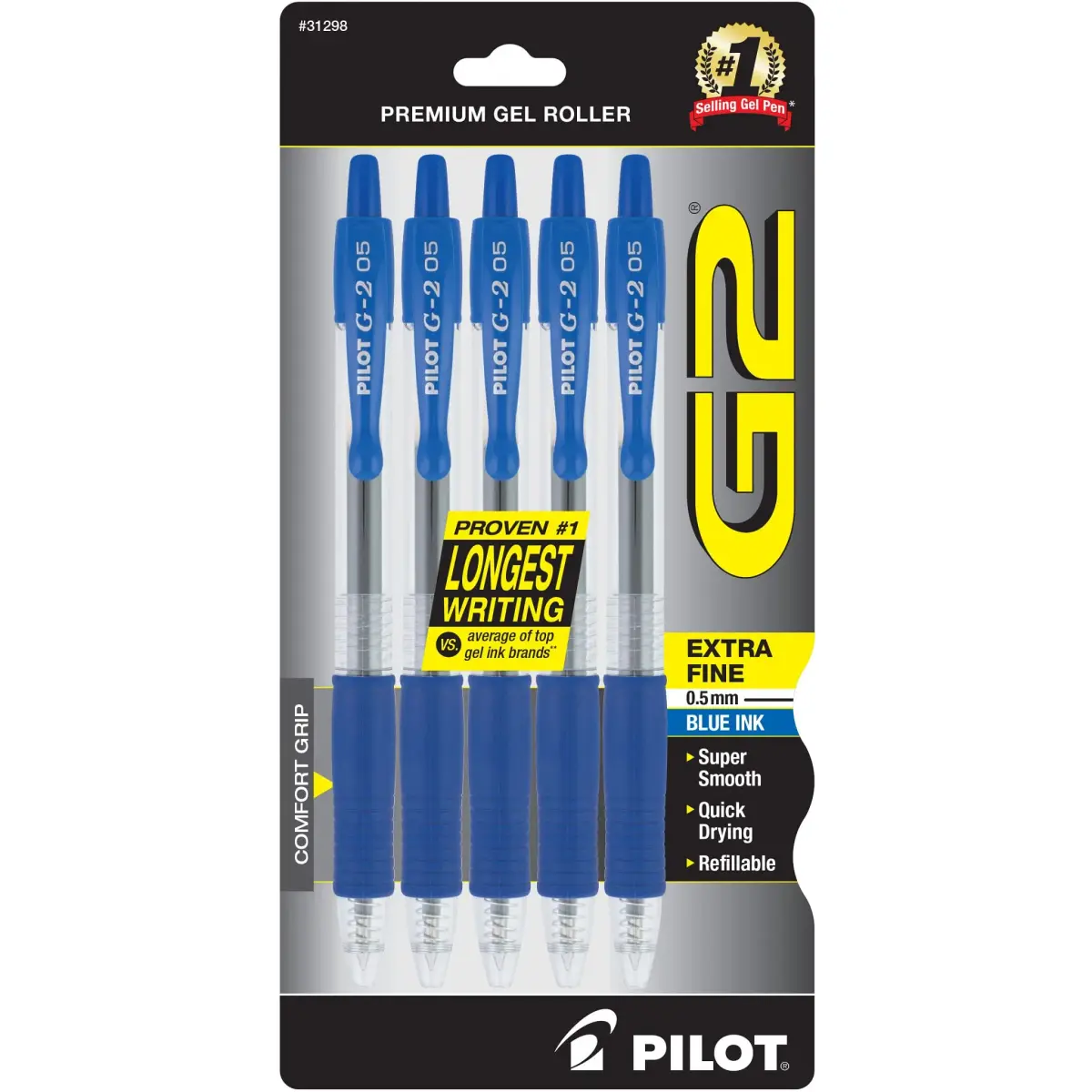 PILOT G2 Premium Refillable Gel Pens, Extra Fine Point 0.5mm, Blue Ink, 5-Pack | Smooth Writing & Long-Lasting - main product image