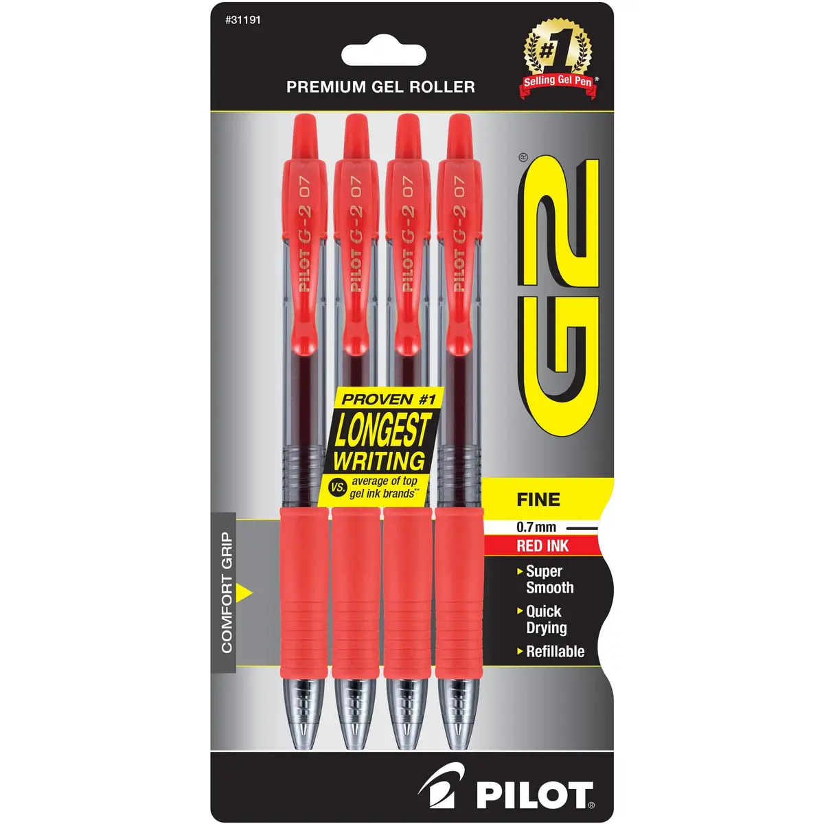 PILOT G2 Premium Gel Roller Pens Fine Point 0.7mm Red 4-Pack | Smooth Ink Flow for Students & Office - main product image
