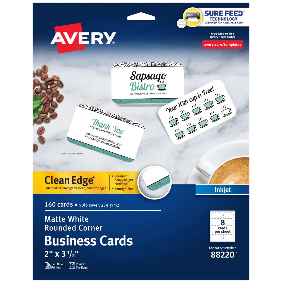 Avery Clean Edge Printable Business Cards with Sure Feed Technology, Rounded Corners, 160 Cards (25ml / 0.811 Fl Oz) | Professional Cards for Inkjet Printers - main product image