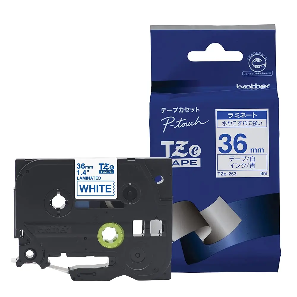 Brother Laminating Tape TZe-263 36mm | White Background/Blue Letters Laminated Tape - main product image