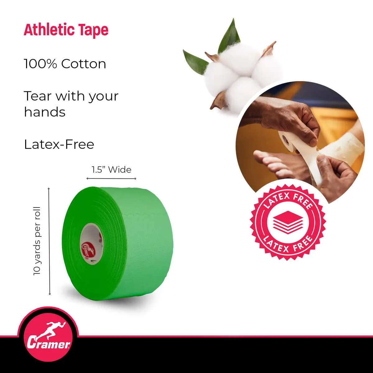 Cramer Athletic Tape, 1.5" x 10 Yards, Green | Easy Tear Sports Tape for Ankle, Wrist & Knee Support - view 2