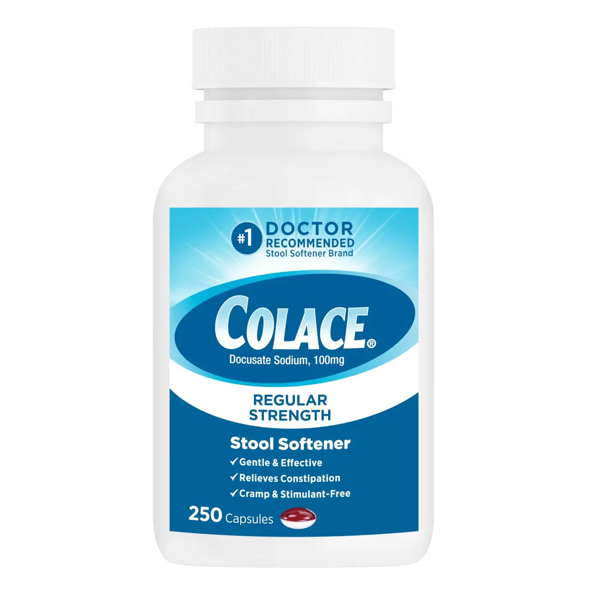 Colace Regular Strength Stool Softener Capsules 100 mg (250 Count) | Gentle Constipation Relief for Adults - main product image