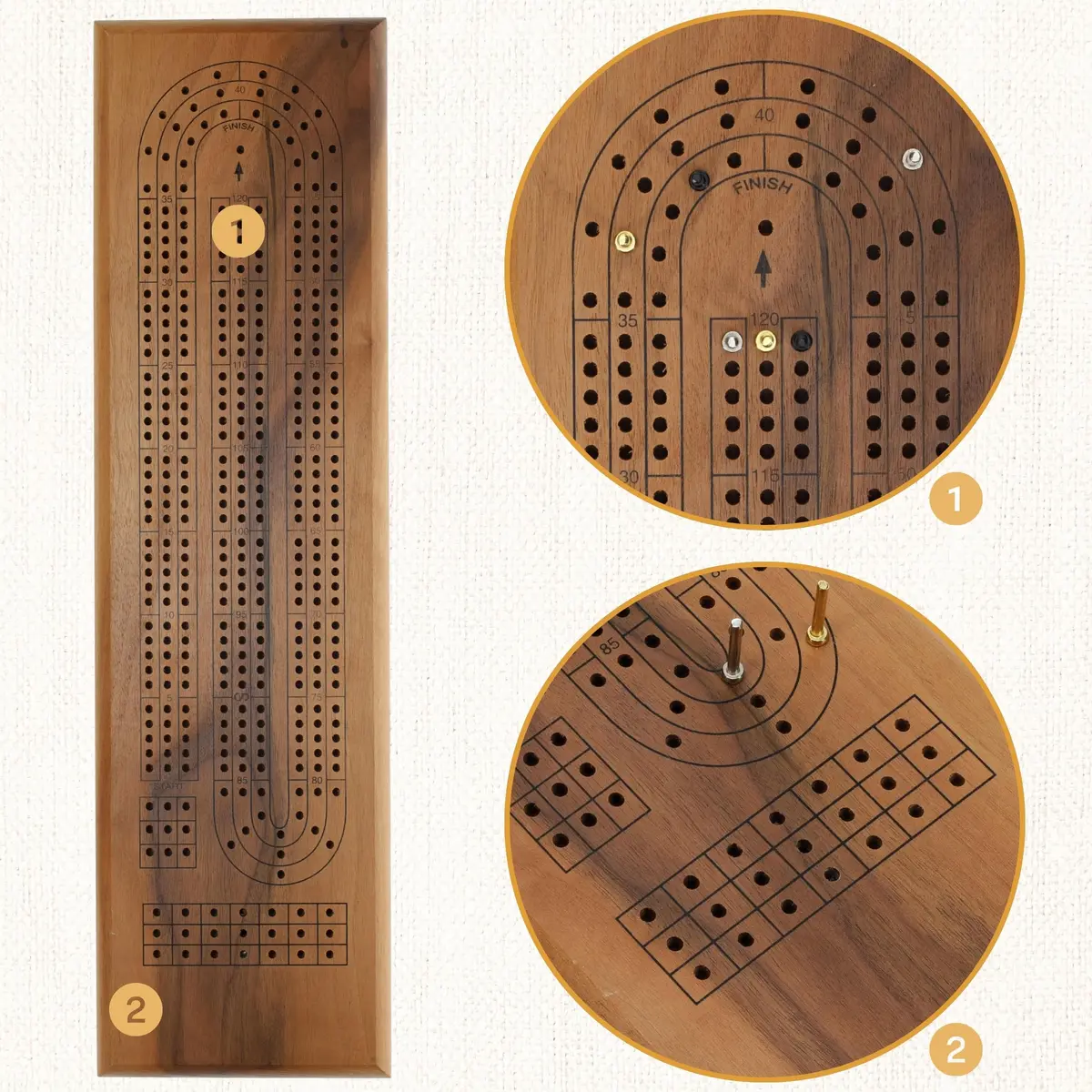 WE Games Classic Cribbage Board Set 3 Track Solid Walnut Wood Board with Metal Pegs | Educational Board Game for Adults and Families - view 7