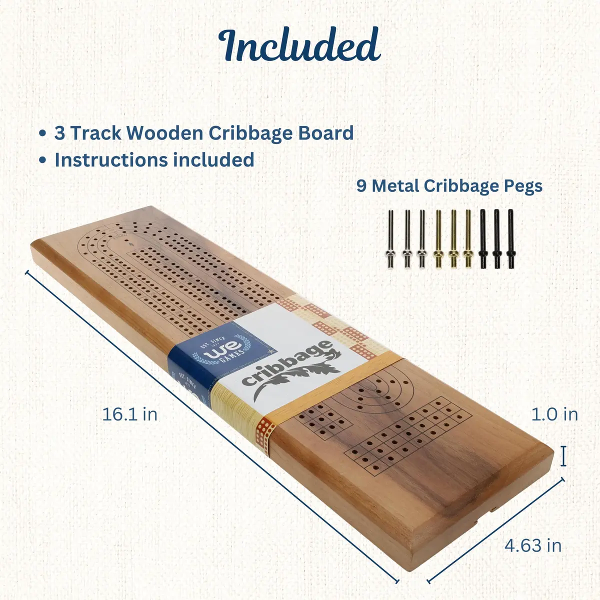 WE Games Classic Cribbage Board Set 3 Track Solid Walnut Wood Board with Metal Pegs | Educational Board Game for Adults and Families - view 2