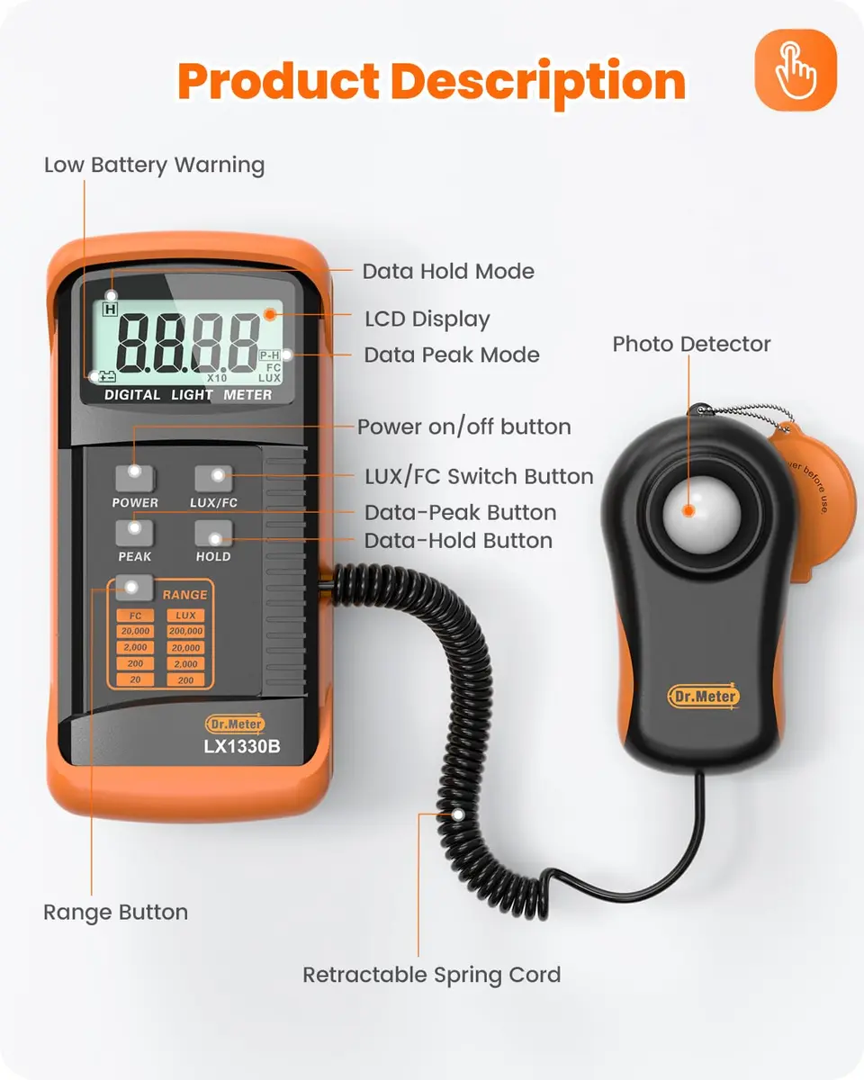 Dr.meter LX1330B Digital Illuminance Light Meter 200,000 Lux | High Precision Fast Response - view 7