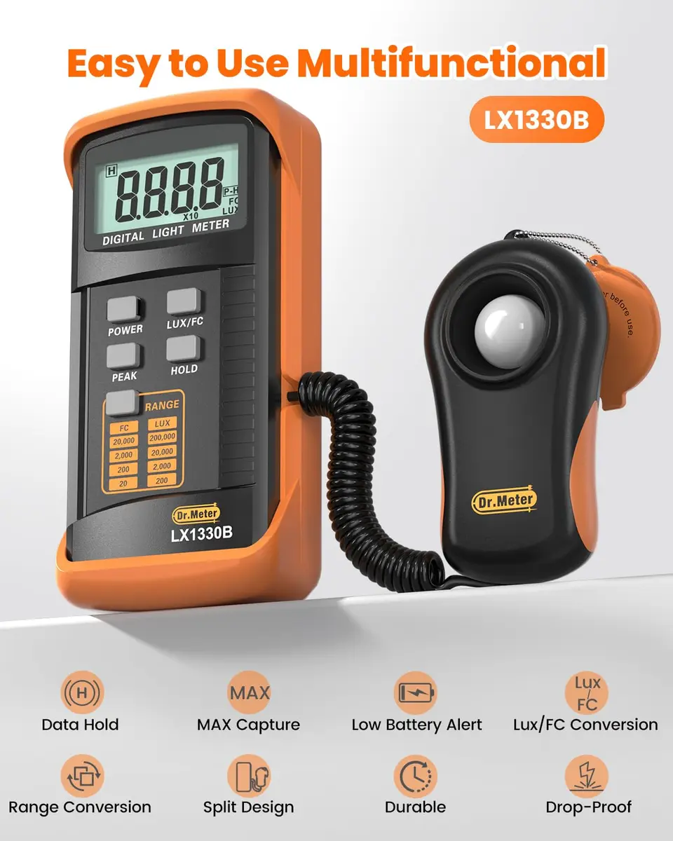 Dr.meter LX1330B Digital Illuminance Light Meter 200,000 Lux | High Precision Fast Response - view 3