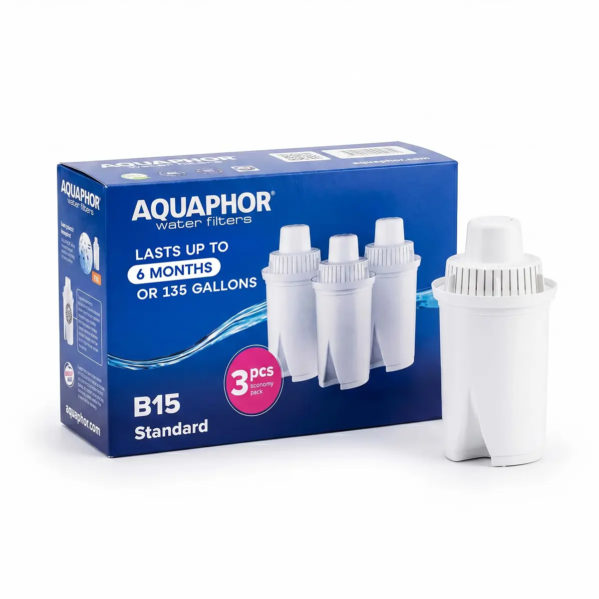 AQUAPHOR B15 Water Filter Replacement 3 Pack | Fast Flow, BPA-Free, Lasts 2 Months, Reduces Chlorine & Heavy Metals - main product image