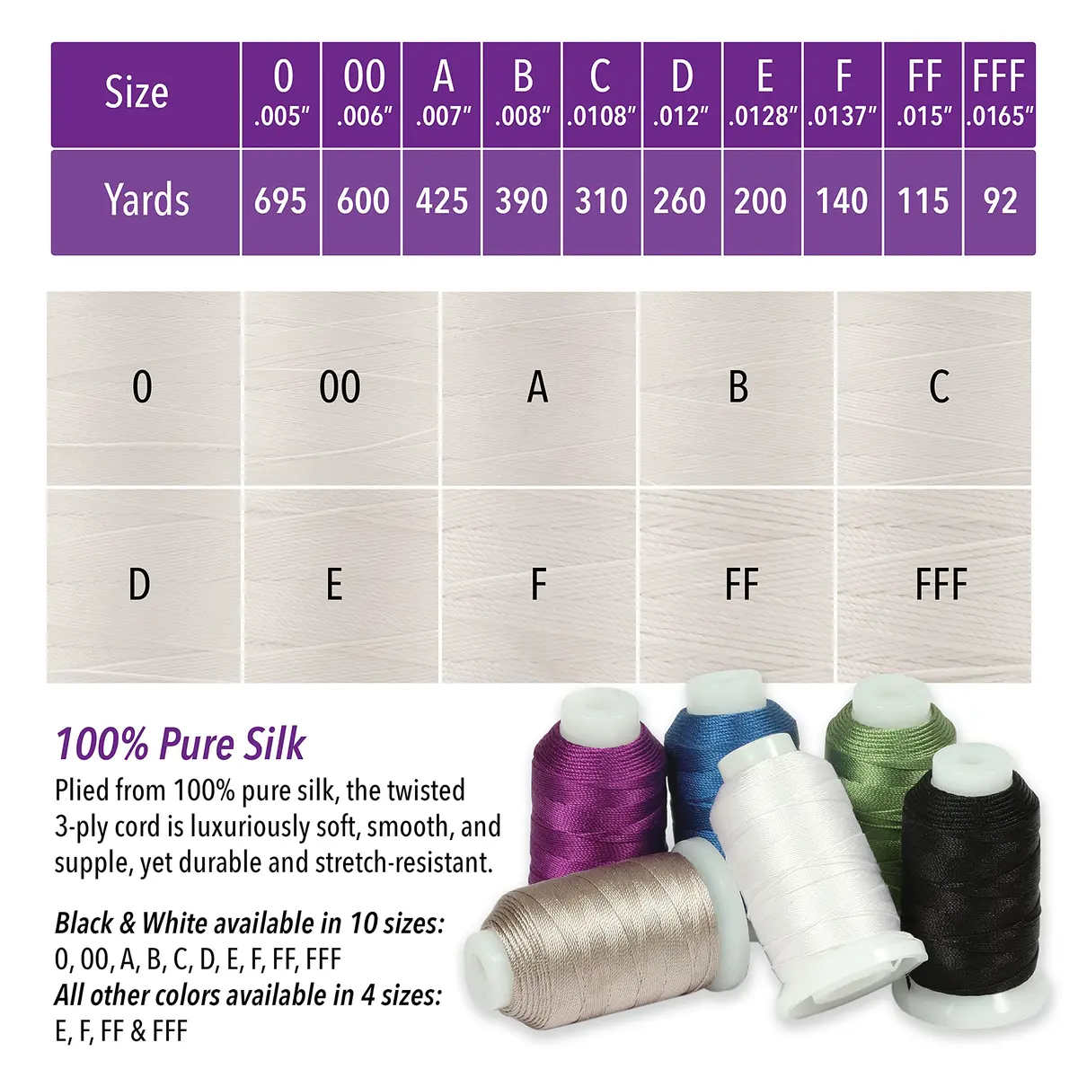 The Beadsmith Pure Silk Cord White Size 0 0.152 mm (0.006”) 600 Yards (1800 ft) | Luxury Jewelry Stringing - view 5