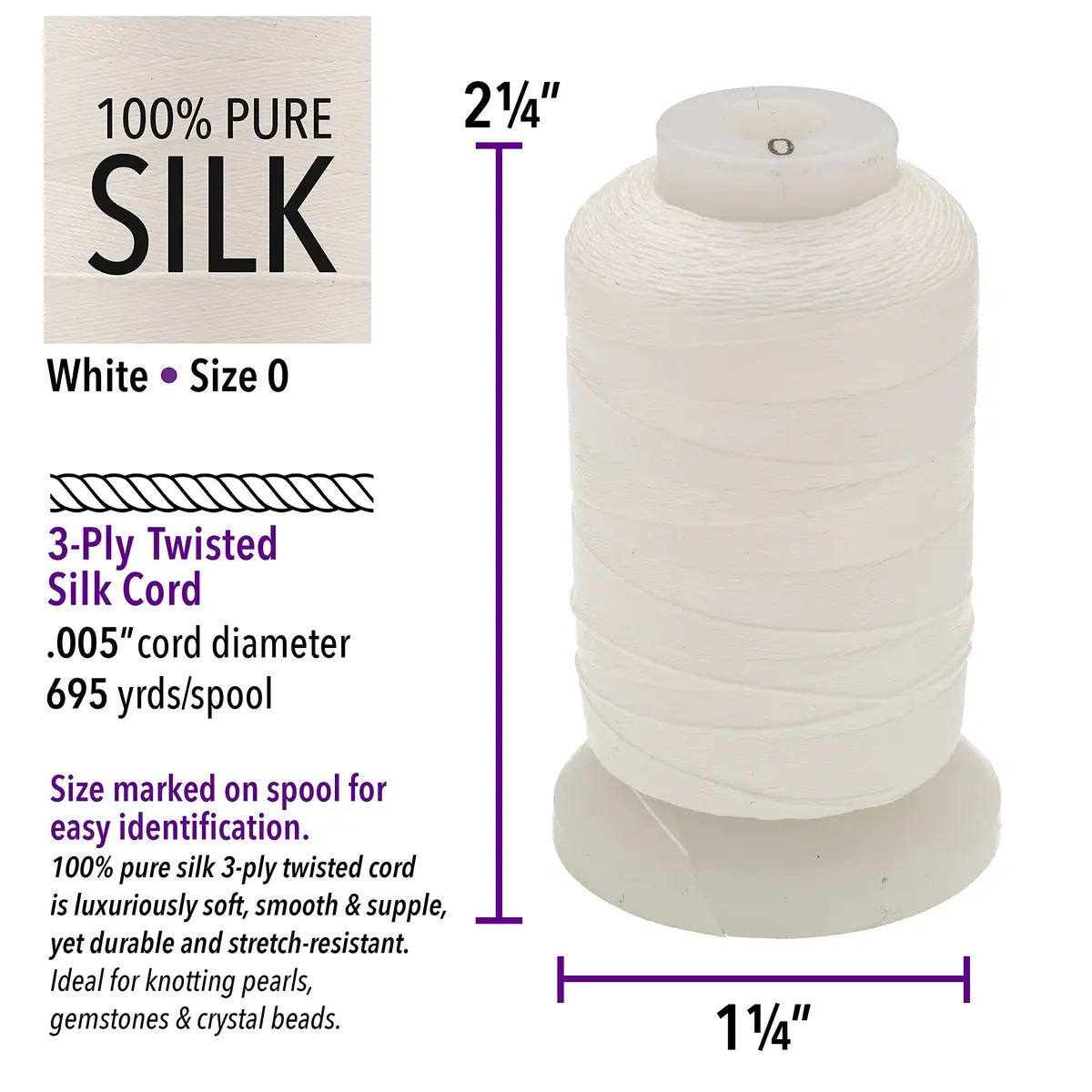 The Beadsmith Pure Silk Cord White Size 0 0.152 mm (0.006”) 600 Yards (1800 ft) | Luxury Jewelry Stringing - view 3