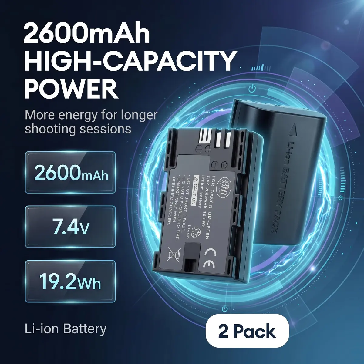 BM Premium LP-E6N 2-Pack Batteries & Charger for Canon EOS 60D 70D 80D 90D | Rechargeable Lithium-Ion Power - view 2