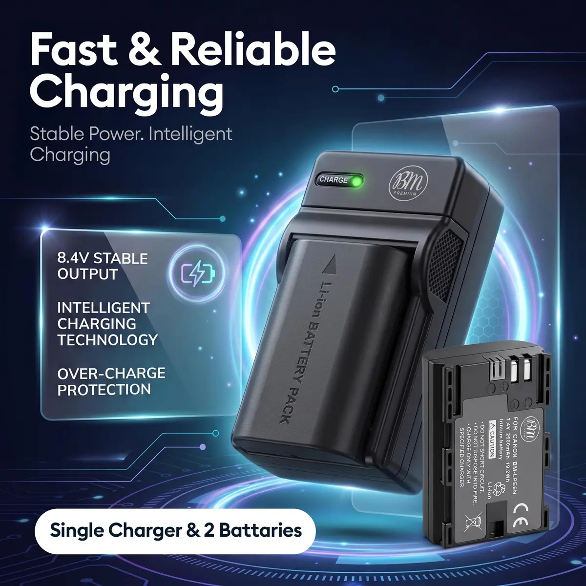 BM Premium LP-E6N 2-Pack Batteries & Charger for Canon EOS 60D 70D 80D 90D | Rechargeable Lithium-Ion Power - view 3